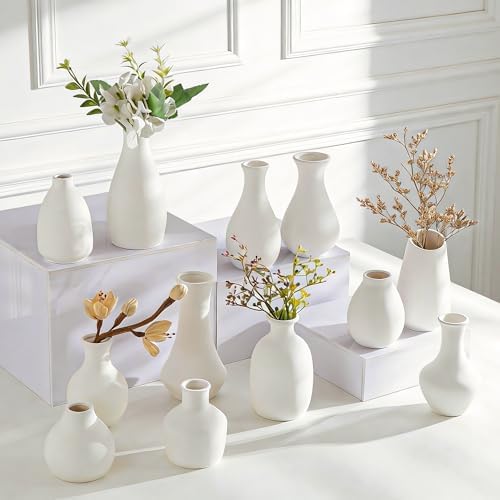 White Bud Vases Set of 12, Small Ceramic Mini Pottery Vases by Tenforie