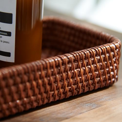 YANGQIHOME Rattan Serving Tray Set of 3, Rectangular Woven Tray, Natural Wicker Decorative Serving Tray, CoffeeTabletop Vanity Organizer, Bathroom Kitchen Counter,Dark Brown - Image 4