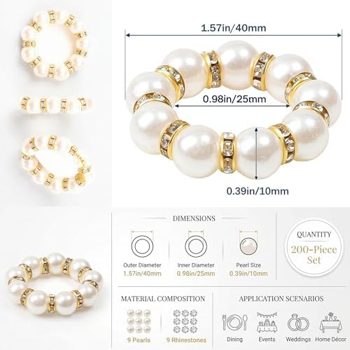 Set of 200 Imitation Pearl Napkin Rings, Gold Rhinestone Napkin Rings Bulk - Image 2