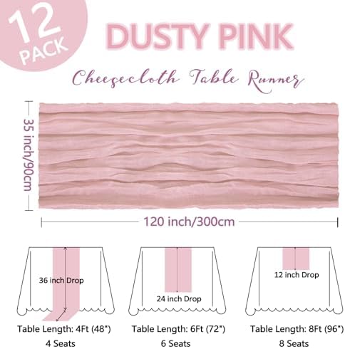 12 Pack Dusty Pink Table Runner Cheesecloth 10Ft Gauze Cheese Cloth Table Runner 35x120 Inch Boho Sheer Rustic Fabric for Holiday Party Decor Baby Shower Wedding Decorations - Image 2