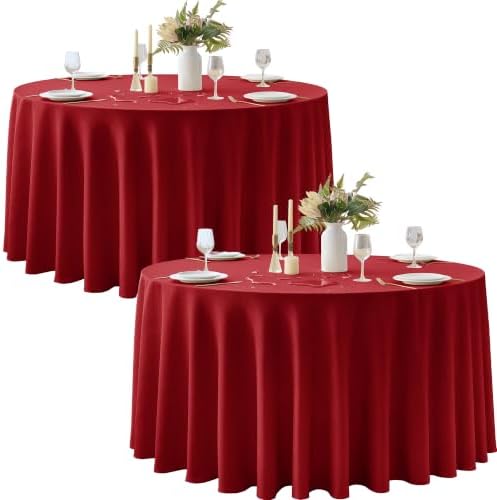 Red Round Tablecloth 120 Inch, 2-Pack Waterproof Slub Textured by HOMEPEAK