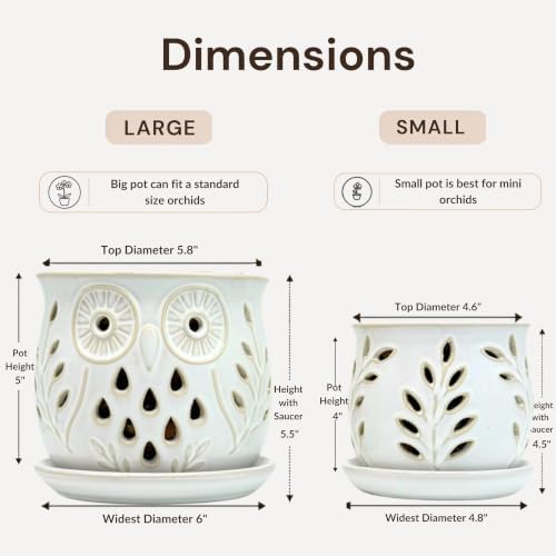 Set of 2 White Beige Vintage Owl and Leaves 4.5 + 6 Inch Orchid Pots with Holes, Premium Stoneware Ceramic Orchid Planters for Repotting with Drainage Holes - Image 5