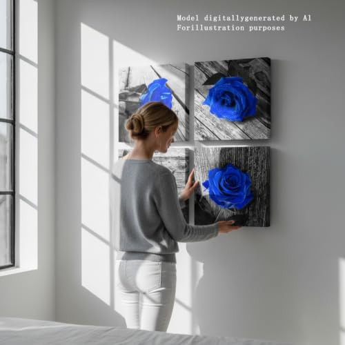4-Piece Royal Blue Rose Pictures Wall Decor for Bedroom, Canvas Art 12x12in - Image 4