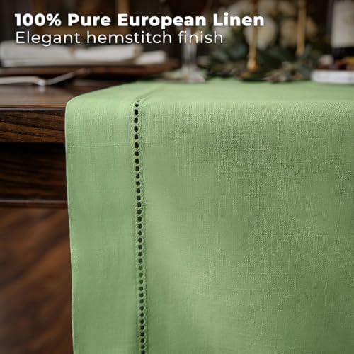 Signature Linen™ by D'Moksha, Sage Green Table Runner 108 Inches Long, 100% Pure Linen, Hemstitch, 14 x 108 Inch Table Runner for Dresser, Dining- Fall, Weddings, Outdoor Hosting - Image 2