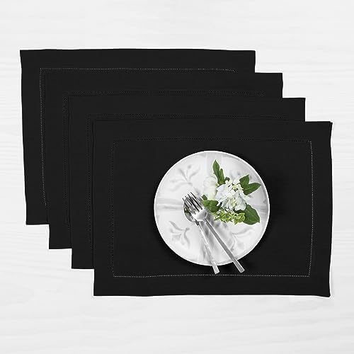 Solino Home 100% Pure Linen Placemats Black Hemstitch, 14 x 19 in, Set of 4 by SolinoHome