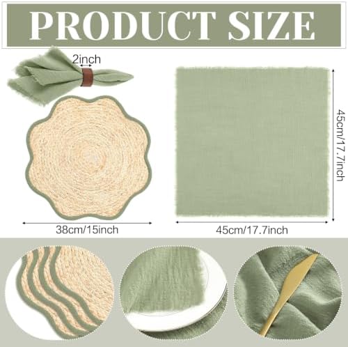 8 Set Boho Placemats with Table Runner, Scalloped Woven, Green - Image 2