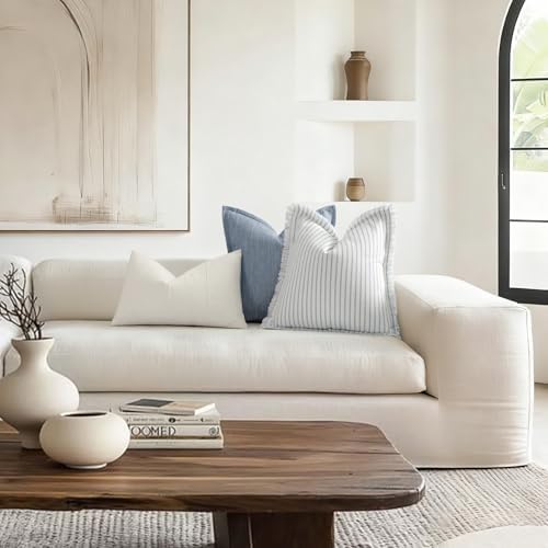 ZWJD Throw Pillow Covers 24x24 Set of 2 Striped Pillow Covers with Fringe Chic Cotton Decorative Pillows Square Cushion Covers for Sofa Couch Bed Living Room Farmhouse Decor (Light Blue) - Image 4