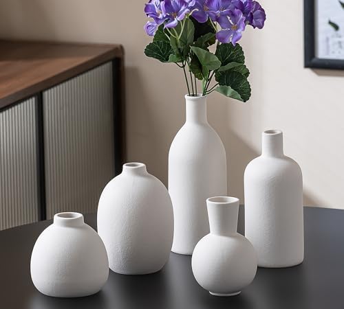 White Ceramic Flower Vase Set of 5, Modern Farmhouse Decorative Vases for Bookshelf, Dining Room Coffee Console Table Centerpieces by VASETOPIA