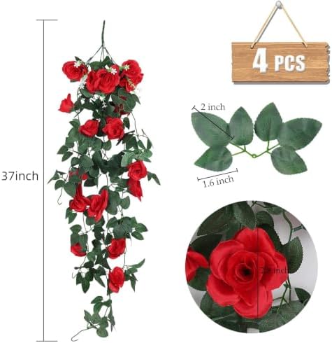 RECUTMS 4Pcs Artificial Red Rose Fake Hanging Flowers Plants with Lights - Image 2