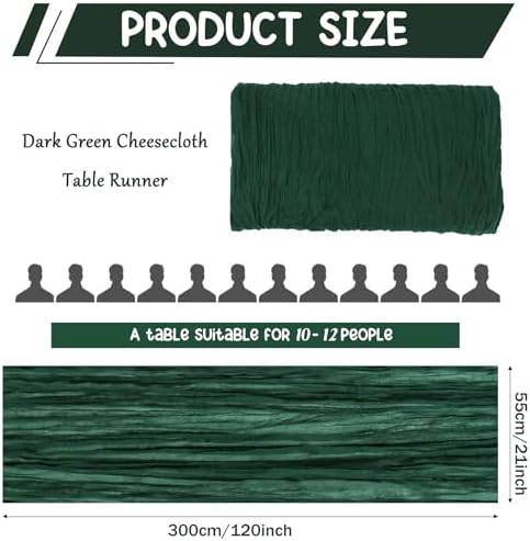 12 Pack 120 Inch Dark Green Cheesecloth Table Runner Boho Rustic Gauze Sheer Romantic 10 FT Long Cheese Cloth Table Runner for Bridal Baby Shower Wedding Party Birthday Holiday Home Easter Decor - Image 2