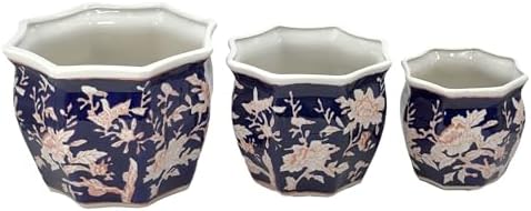 Galt International Blue & Pink Round Fluted Floral Porcelain Ceramic Plant Flower Planter Pot Set of 3 (7.5", 10", 13") Garden Pots Chinese Asian Design - Image 6