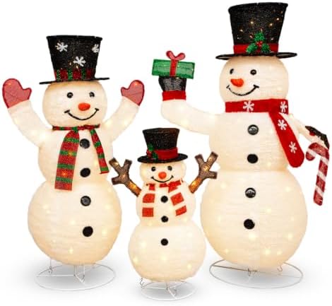 Hykolity 3.7 FT Collapsible Pop-Up 3D Lighted Snowman Family Set of 3, Outdoor Christmas Snowman Decorations with 250 Warm White LED Lights for Yard, Lawn and Porch by hykolity