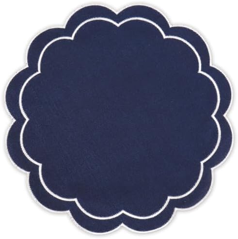 Whaline Dark Blue Linen Placemats Embroidered Round Scalloped Kitchen Table Mats for Party Home Dining Table Decor, Set of 6, 15 x 15 in by Whaline