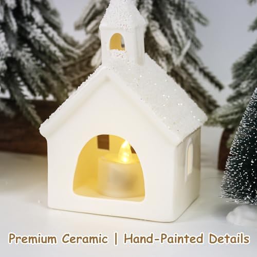 Christmas Decorations Indoor - 9 Piece Christmas Village Sets with 4 Remote Control Lighted Ceramic Houses, 2 Trees, 2 Deer & Santa - Neutral White Farmhouse Holiday Decor for Home Table Room(White) - Image 4