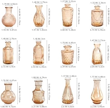 Amber Glass Vase Set of 12, Clear Bud Vases in Bulk, Mini Vases for Flowers, Small Flower Vases for Centerpieces, Vintage Decorative Embossed Vase for Home Decor, Wedding Table Decoration - Image 7