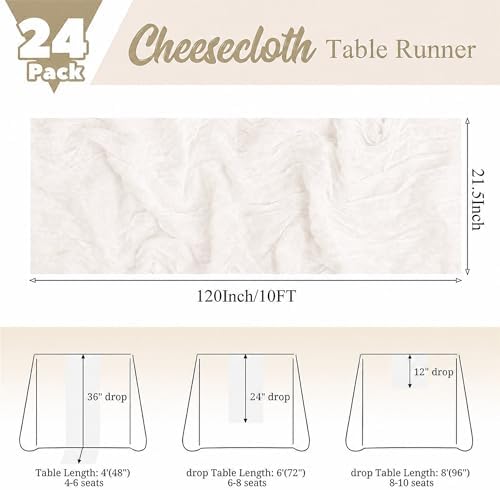 24 Pack Ivory White Table Runner 10Ft Cheesecloth Table Runner Rustic Gauze Table Runners Romantic Long Sheer Fabric Cheese Cloth Table Runners for Wedding Party Bridal Baby Shower - Image 2