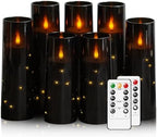 Flameless Candles,with Embedded Star String, Battery Operated Candles Flickering LED Pillar Candles with Remote Control and Timer, Home Decoration Add a Warm and Romantic Atmosphere，Set of 7 (Black) by sasigeiaa