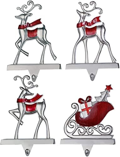 Reindeer & Sleigh Stocking Holder Set for Mantle Set of 4,Christmas Deer Stocking Hangers for Firepiece,Christmas Decorations Mantel Hanger for Stocking/Garland (Deer-Sleigh Silver) - Image 4
