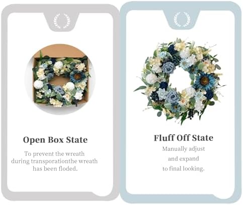 22" Spring Flower Wreath for Front Door Summer Wreaths with Sunflowers Roses Gardenias, Artificial Floral Green Foliage Wreath for Wall Window Farmhouse Party Holiday Home Decor（White Blue） - Image 4