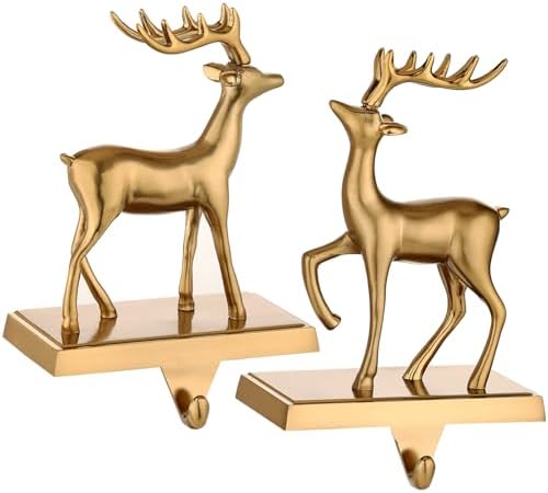 2 Pack 3D Christmas Stocking Holders for Mantle Xmas Reindeer Antique Gold Stocking Holder for Fireplace Xmas Stocking Hooks Weighted Hangers Holiday Christmas Decorations Supplies (Antique Deer) by Yuokwer