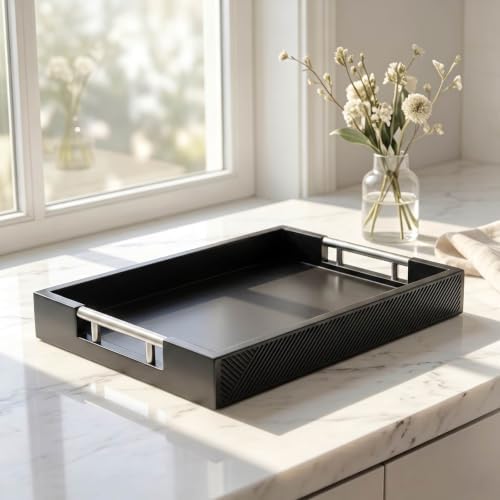 Decorative Serving Tray, Modern Rectangle Wood Tray with Polished Metal Handles, Glossy Finish, 16.5x12 Inch, for Coffee Table, Ottoman (Black) - Image 4