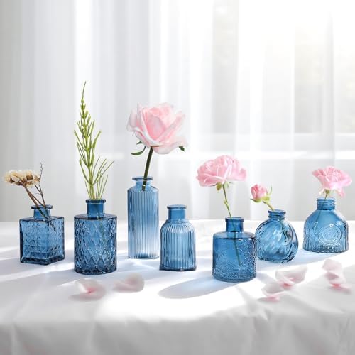 Blue Bud Vases in Bulk 24, Vintage Small Vases for Flowers, Mini Glass Vase for Centerpieces, Wedding Table Decoration, Party Event, Decorative Vase Set for Home Decor, Baby Shower, Office - Image 6