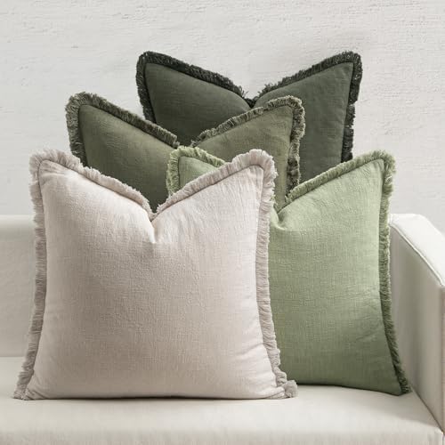MIULEE Fall Linen Fringe Pillow Covers Set of 4 18x18 Beige/Sage Green by MIULEE