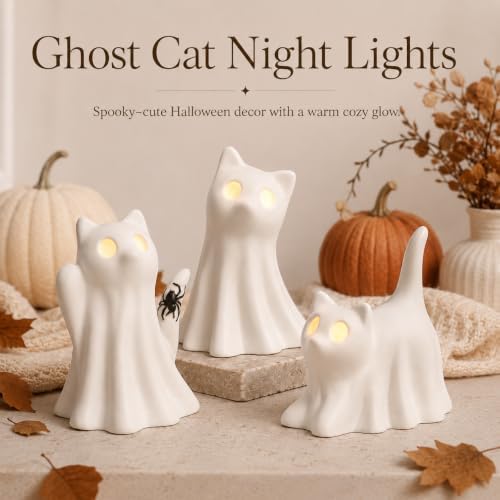 3PCS Ceramic Ghost Cat Light Up Decor Cat Ghost Halloween Decor - Image 2