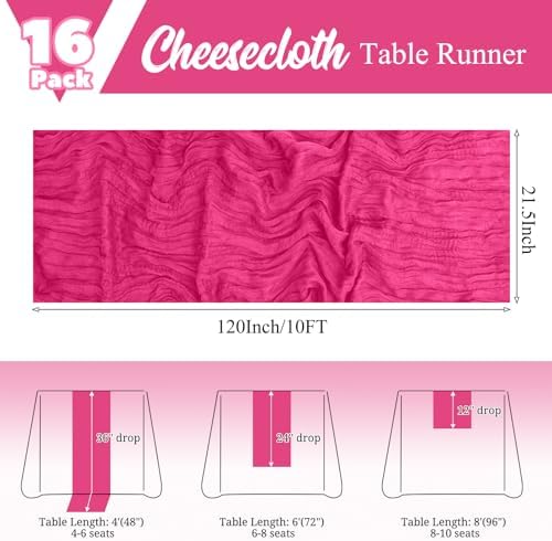 16 Pack Hot Pink Table Runner 10FT Cheesecloth Table Runner Boho Gauze Table Runners Long Rustic Sheer Fabric Table Runners for Wedding Party Bridal Shower Farmhouse & Home Decor - Image 2