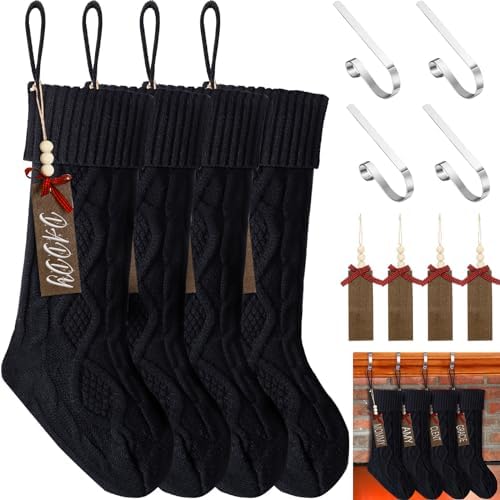 Zubebe 4 Sets 18 in Knitted Christmas Stockings Kit, Metal Stocking Holder and Name Tags Large Knit Xmas Stocking with Marker Pen for Family Holiday Xmas Party Fireplace Mantel Decor (Black) by Zubebe