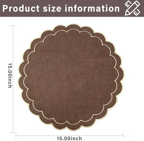 Linen Cotton Placemats Set of 4 Scalloped Flower Embroidery Place Mats 15'' Natural Linen Texture Fabric Machine Washable Table Mats for Restaurant Kitchen,Table Decor(Brown) - Image 2