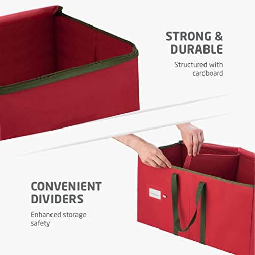 ZOBER Large Christmas Ornament Storage Box - Stores 128 3" Ornaments, With Dividers - Ornament Organizer Storage Box, Durable Christmas Containers Holder - Extra Pockets, Dual Zipper - Red - Image 5