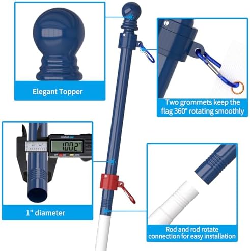 ZMTECH Flag Pole - Upgraded Bracket,(2 Packs) 6 FT Stainless Steel Flag Poles for Outside House, Residential or Commerical, Tangle Free Flag Pole Kit (Without Flag, Blue&White&Red) - Image 5