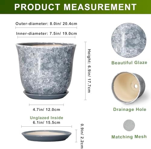 Ceramic Plant Pots - 8 Inch Plant Pot with Drainage Hole and Saucer, Round Planter for Indoor Outdoor, Modern Flower Pots, Decorative Planters, Home Room Office Decor, Gardening Gifts, Grey - Image 2
