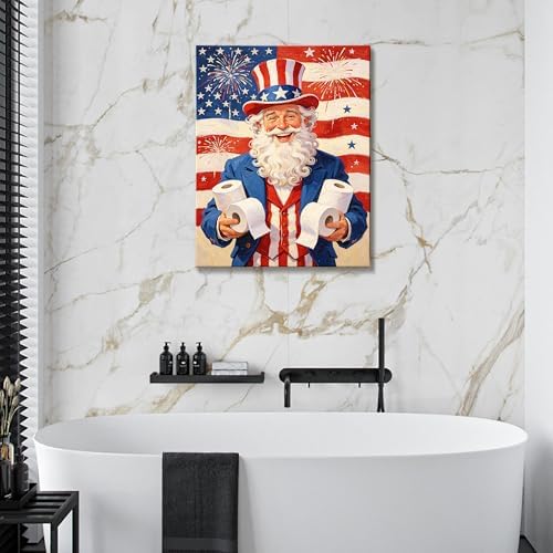 Funny Patriotic Uncle Sam Canvas Wall Art 4th of July USA Flag Fireworks Oil Painting Humorous Toilet Paper American Flag Wall Decor Independence Day Bathroom Home Decor 16x24in - Image 3