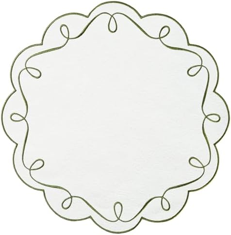 16.5 Inch Ribbon Twirl Embroidery Round Placemats Set of 4, Scalloped Round Table Mats for Party Kitchen Dining Decoration, Green by OPEXSCAL
