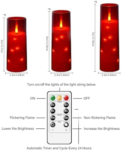 Nimiko Flickering Flameless LED Candles,Battery Operated Candles 24 Pcs with Embedded Star String,Acrylic LED Pillar Candles with Remote,Suitable for Home Decoration to Create an Atmosphere (Red) - Image 2