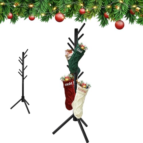 Christmas Stocking Holder Stand, Wooden Christmas Hangers Stand for Hanging Christmas Stocking, 8 Hooks Black by Profully