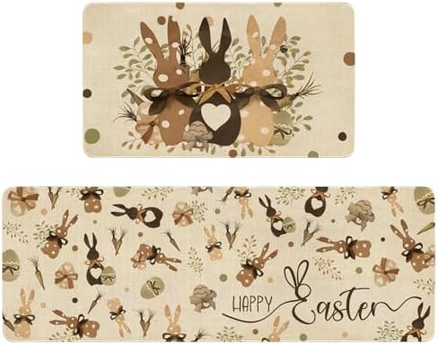 Easter Kitchen Rugs and Mats Set of 2,Spring Golden Garden Bunny Eggs Kitchen Mat,Easter Rabbit Non Slip Washable Kitchen Floor Sink Mats Decorations for Home Kitchen 18"x48"+18"x30" by Xsinufn
