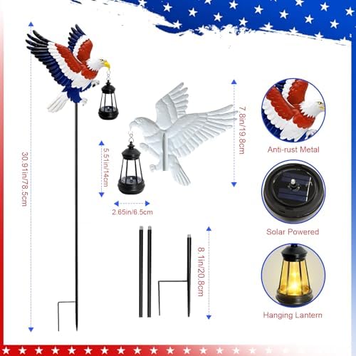 4th of July Decorations Solar Lights Outdoor, Patriotic American Eagle Hanging Lantern Waterproof, Metal Garden Decor for Independence Day Veterans Day Holiday Party Decoration Yard Patio Decor - Image 2