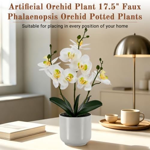 Fake Orchid-17.5”tall Artificial Indoor Potted Plant for Home Decor-White - Image 6