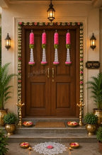 Divyakosh Hanging Gajra Set of 4 | Small 15 Inch Pink-Green Fabric Floral Wall Hangings | Temple & Pooja Room Decoration Items | Backdrop Decor for Festivals & Diwali - Image 7