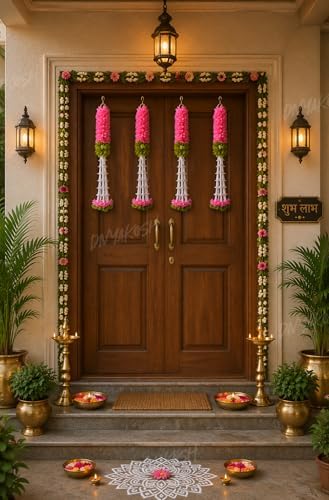 Divyakosh Hanging Gajra Set of 4 | Small 15 Inch Pink-Green Fabric Floral Wall Hangings | Temple & Pooja Room Decoration Items | Backdrop Decor for Festivals & Diwali - Image 7