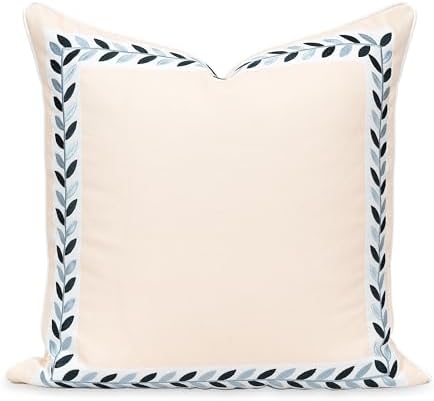 Hofdeco Premium Coastal Patio Indoor Outdoor Throw Pillow Cover Only, 20"x20" Water Repellent for Backyard, Couch, Neutral Tan Embroidered Frame Leafs with Piping by HofdecoPremium