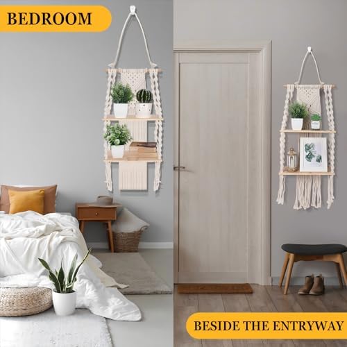 Barydat 2 Pack Macrame Wall Hanging Shelf 2 Tier Handmade Boho Hanging Wall Shelf Floating Woven Rope Decorative Storage Racks Holder Organizer for Home Bedroom Bathroom Plants, Beige (Classic) - Image 6