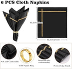 VIJIV 12 Pack Bling Satin Cloth Napkins & Gold Napkin Rings Set of 6 Black - Image 4