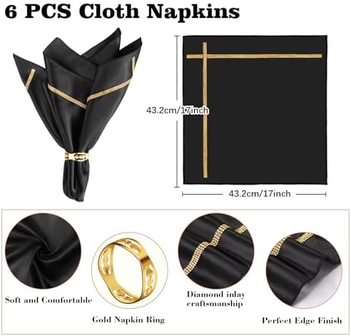 VIJIV 12 Pack Bling Satin Cloth Napkins & Gold Napkin Rings Set of 6 Black - Image 4