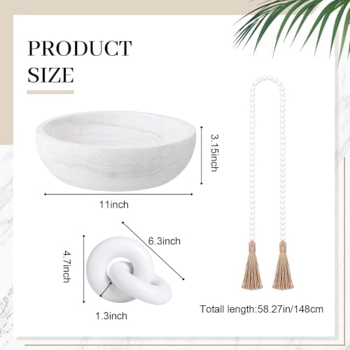 Novabright Farmhouse Wooden Bowl Set with Chain Beads, White - Image 2
