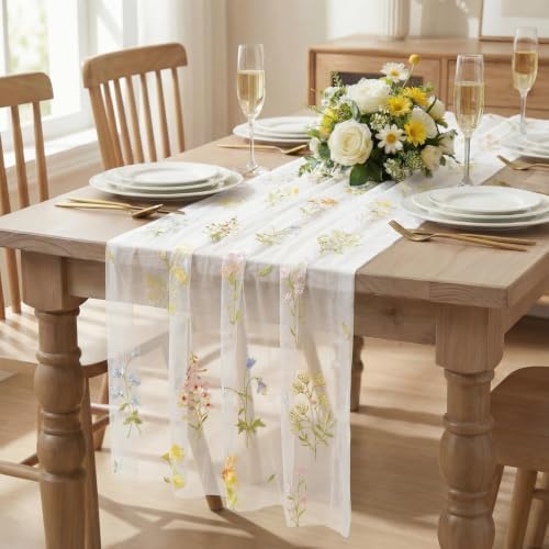 Artoid Mode 6PC Wildflower Floral Milky White Gauze Embroidery Table Runner 120 Inch 10FT, Tulle Seasonal Spring Kitchen Dining Table Decor for Home Party - Image 2