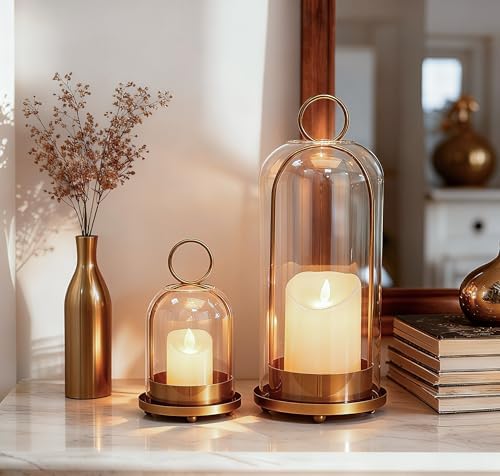 Hurricane Candle Holders Set of 2, 5" & 4" Metal and Glass Candle Lantern with Clear Dome for Pillar Candle, Wedding & Christmas Table Centerpiece, Farmhouse Home Decor (Brass, Large & Small) - Image 5